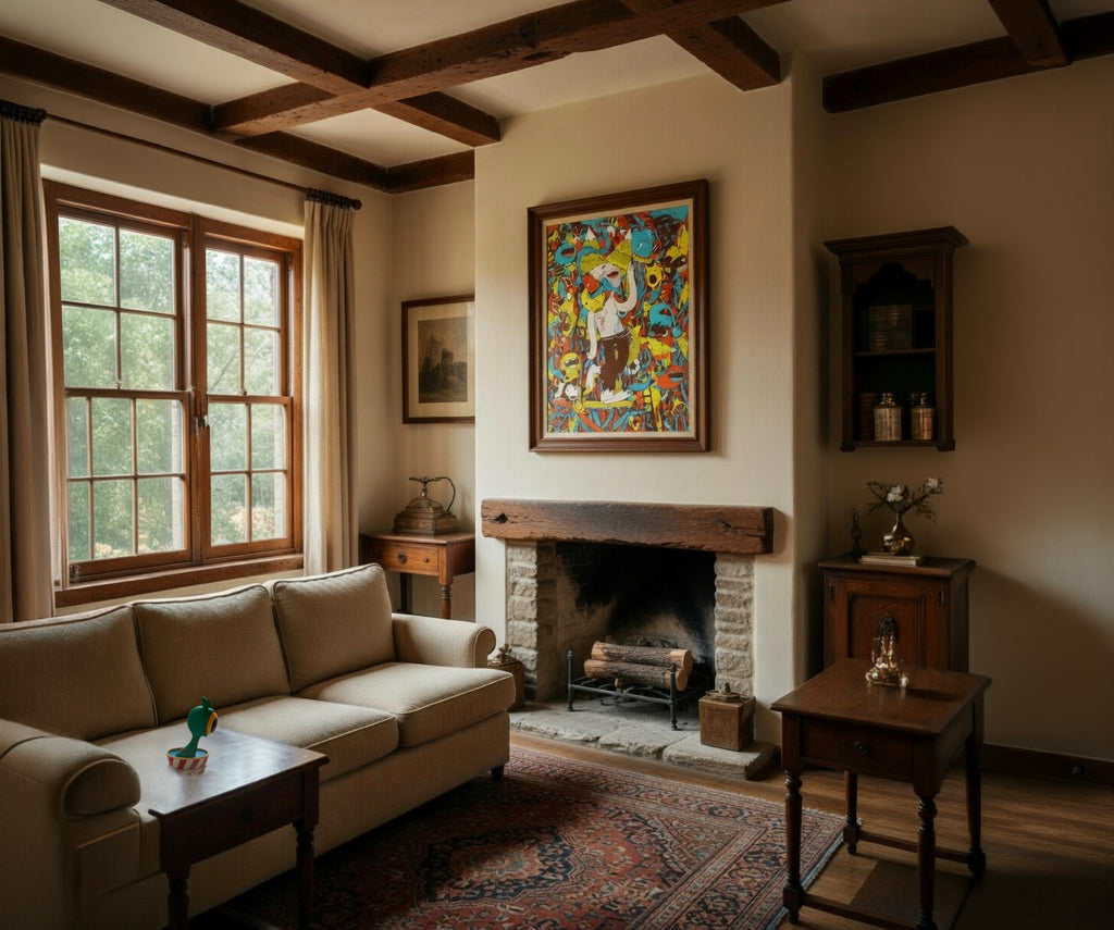 Cozy living room with a fireplace, sofa, and colorful artwork.