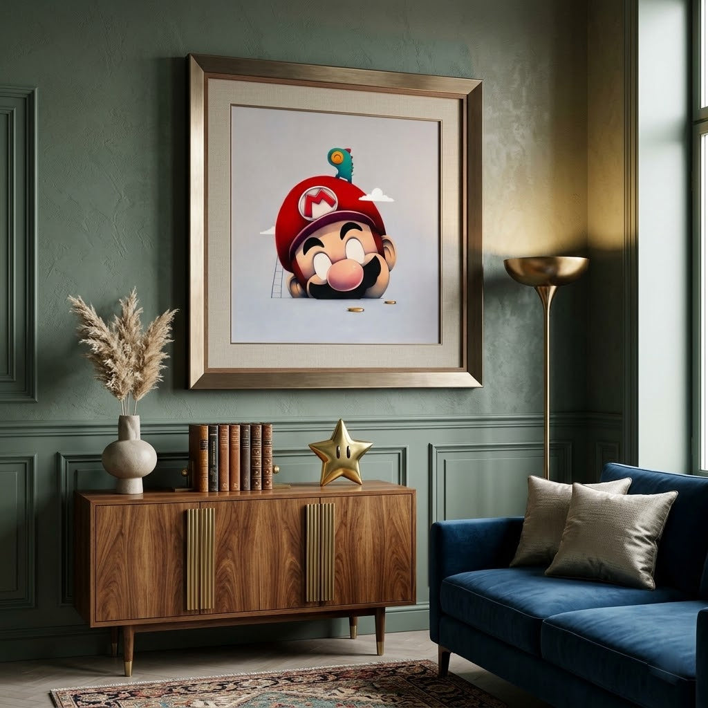 Framed cartoon character on a wall above a wooden cabinet and blue sofa.