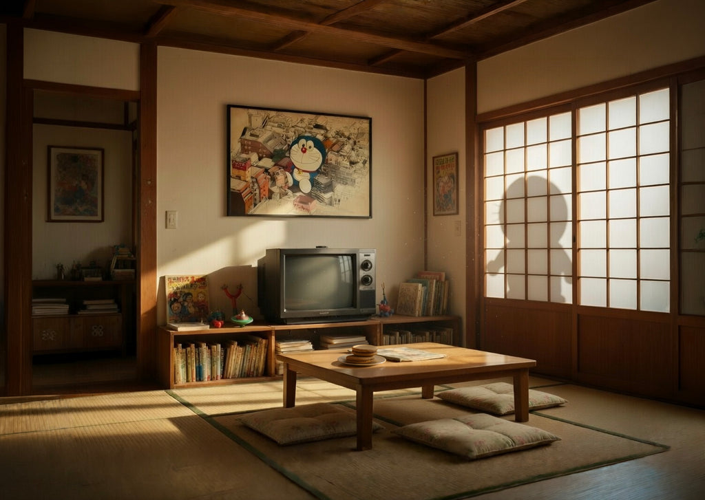Traditional Japanese living room with wooden floor, shoji screen, and vintage television.
